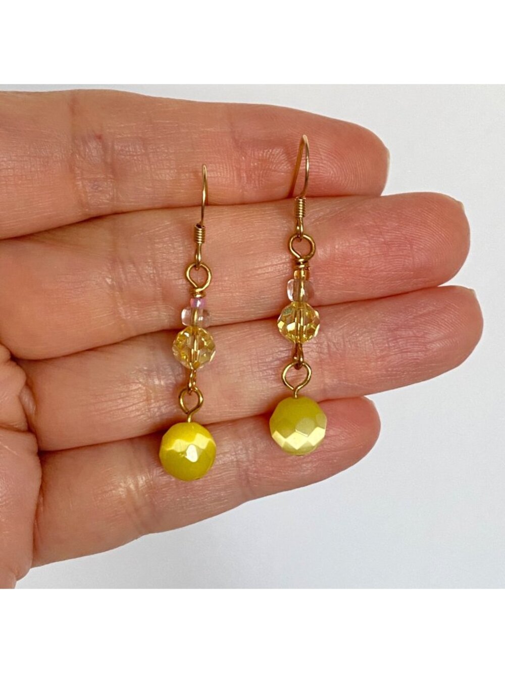Yellow Cats Eye Glass and Swarovski Crystal Gold Filled Dangle Pierced Earrings